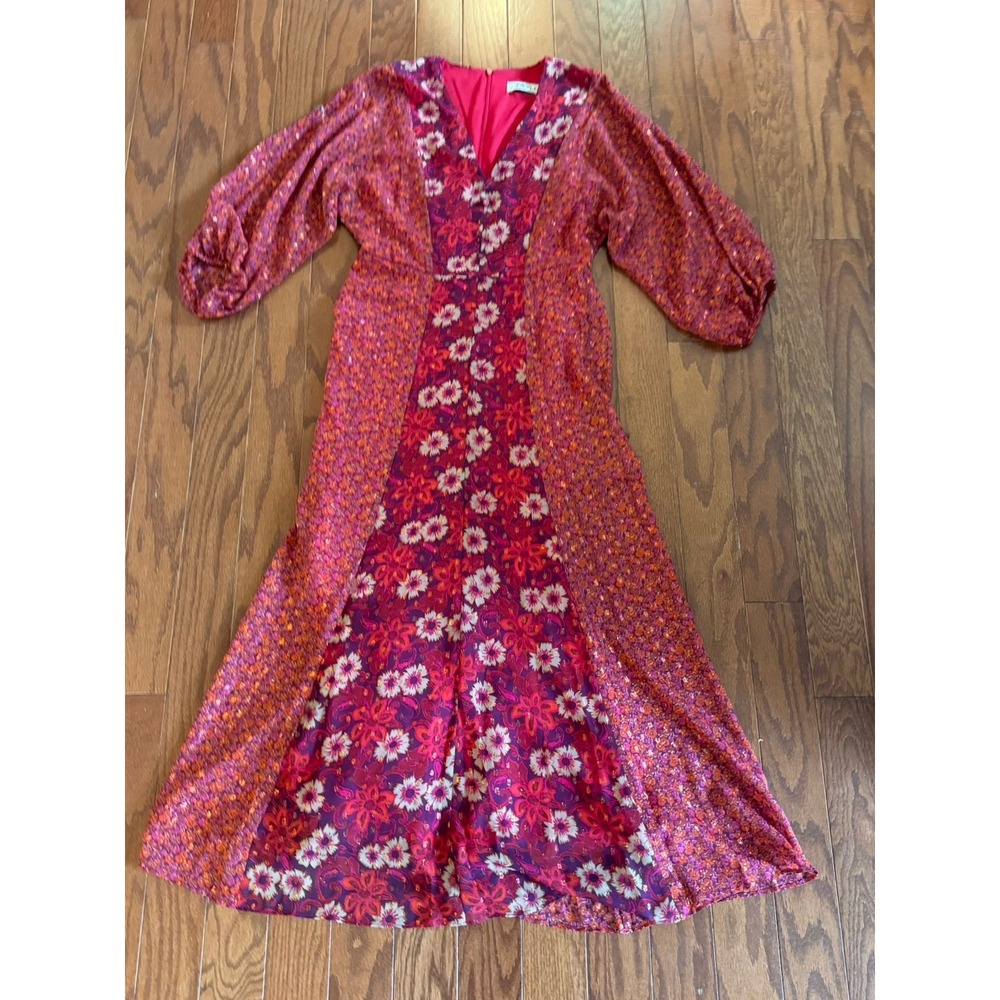 💙Taylor Women's Sz 6 Red Floral Patchwork Maxi Dress flowy lightweight -No Belt